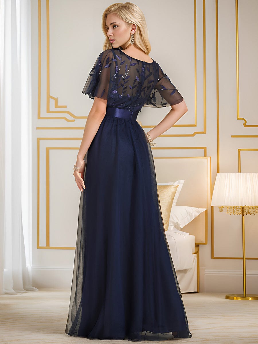 Women's A-Line Short Sleeve Embroidery Floor Length Wedding Guest Dresses #color_Navy Blue