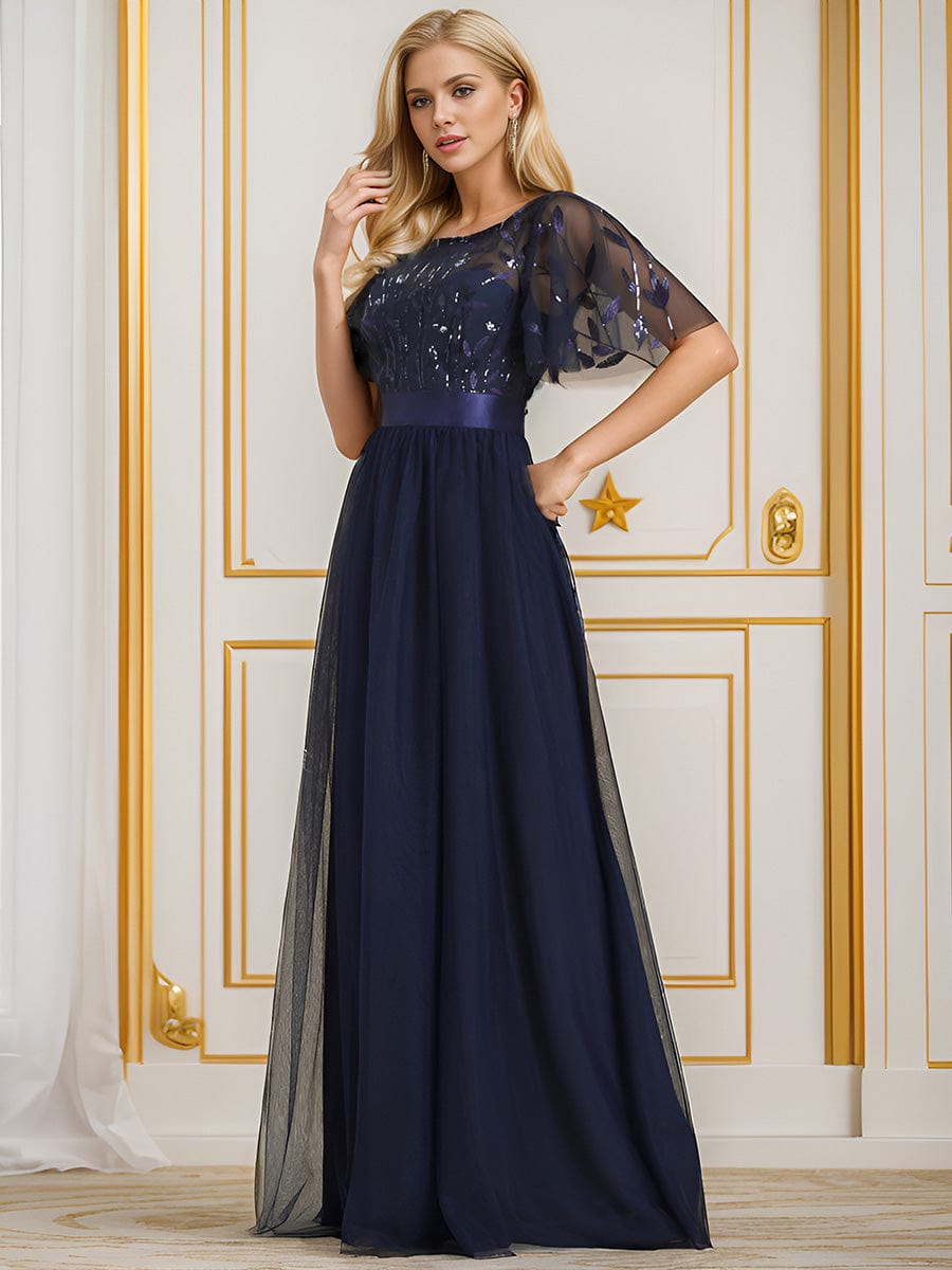 Women's A-Line Short Sleeve Embroidery Floor Length Wedding Guest Dresses #color_Navy Blue