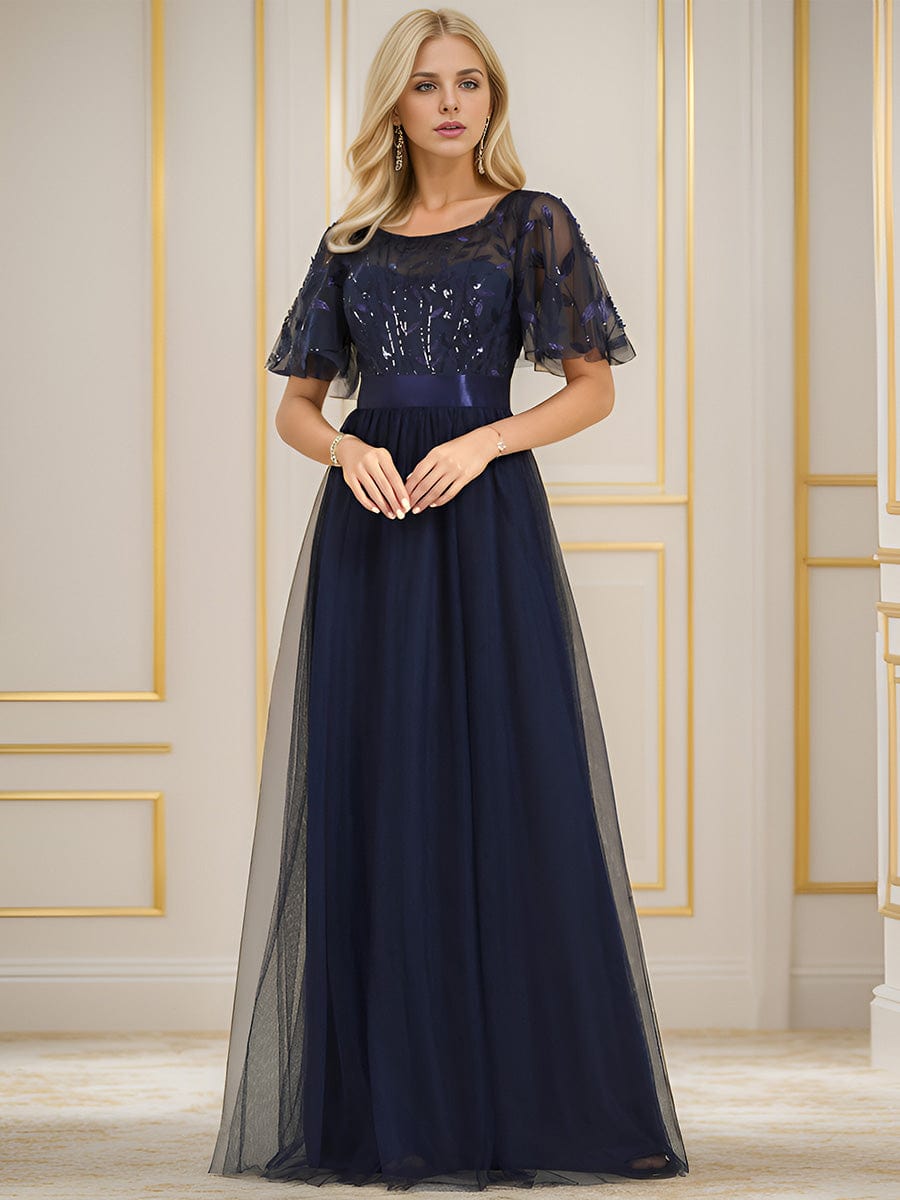 Women's A-Line Short Sleeve Embroidery Floor Length Wedding Guest Dresses #color_Navy Blue