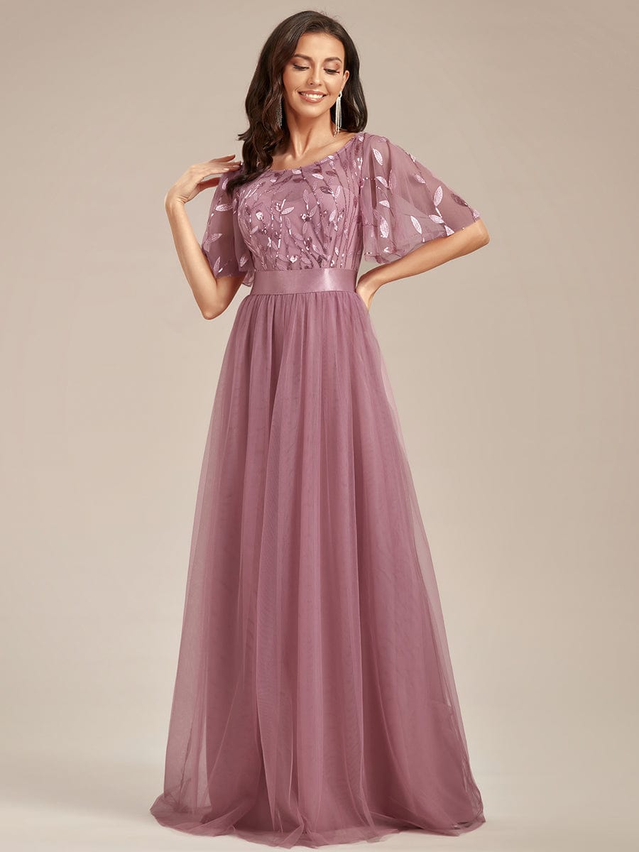 Women's A-Line Short Sleeve Embroidery Floor Length Wedding Guest Dresses #color_Purple Orchid