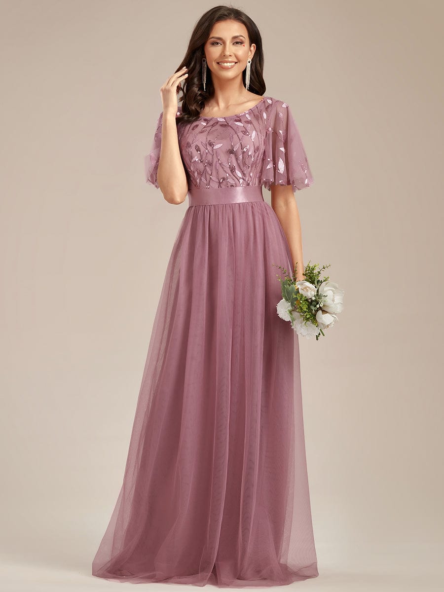 Women's A-Line Short Sleeve Embroidery Floor Length Wedding Guest Dresses #color_Purple Orchid