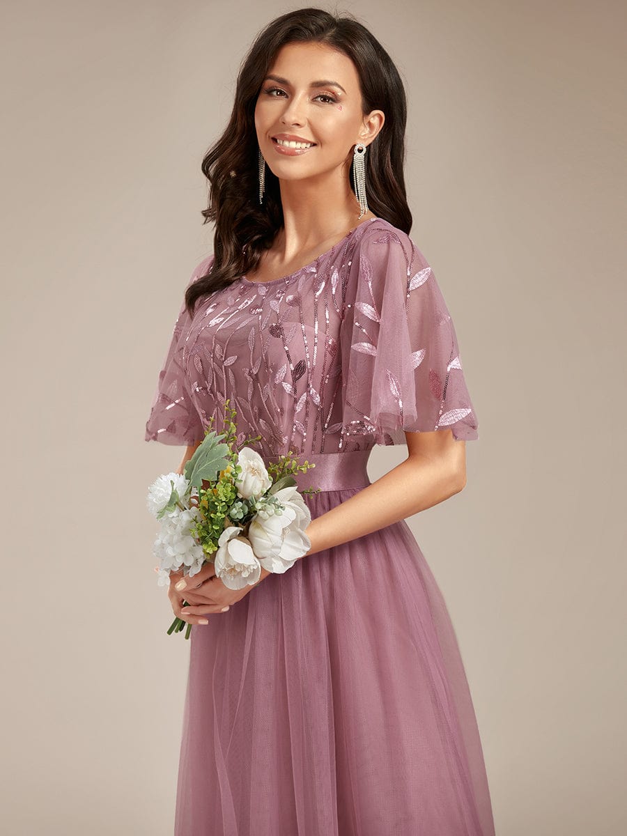 Women's A-Line Short Sleeve Embroidery Floor Length Wedding Guest Dresses #color_Purple Orchid