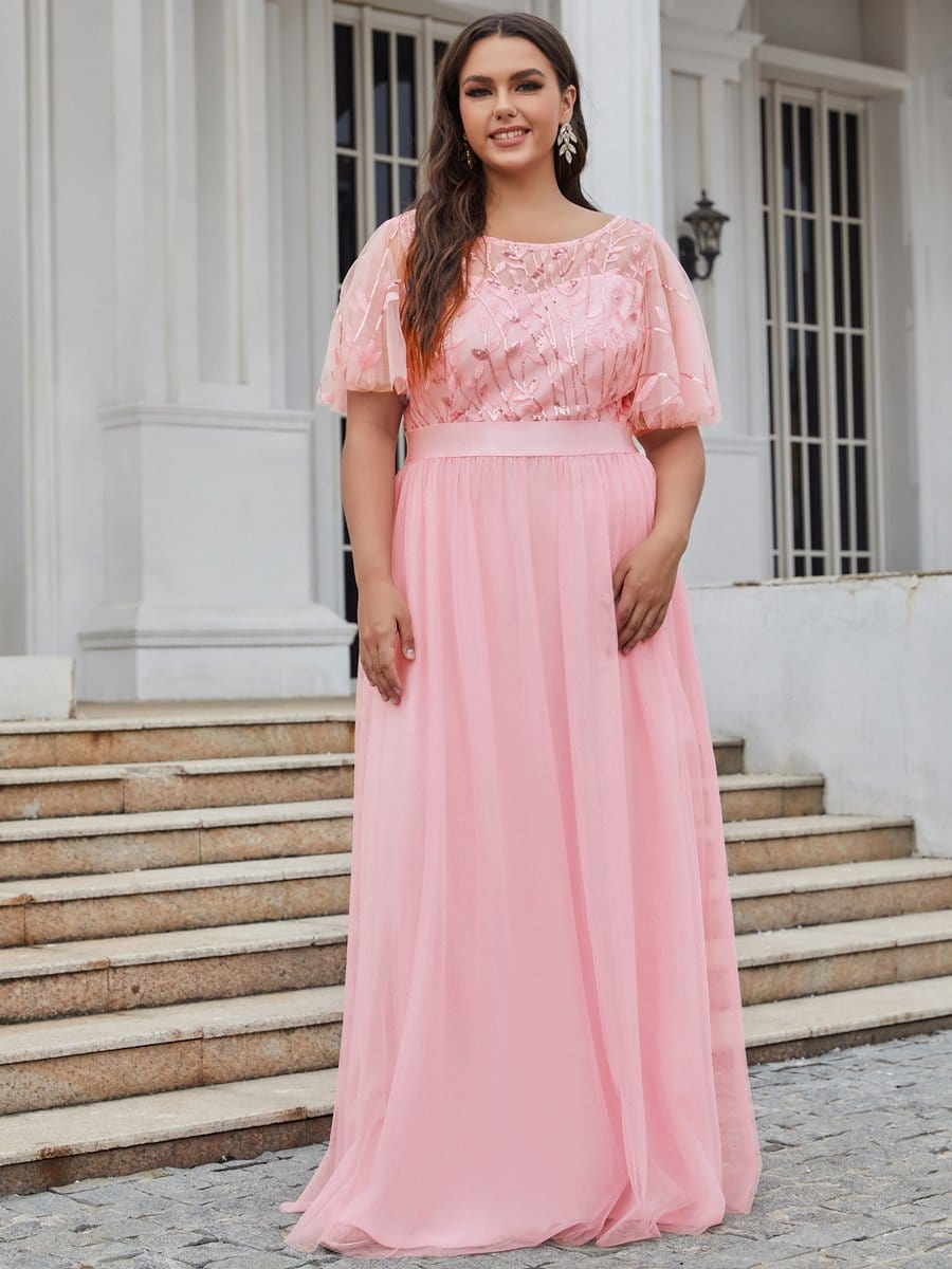 Women's A-Line Short Sleeve Embroidery Floor Length Dresses In Pink #color_Pink