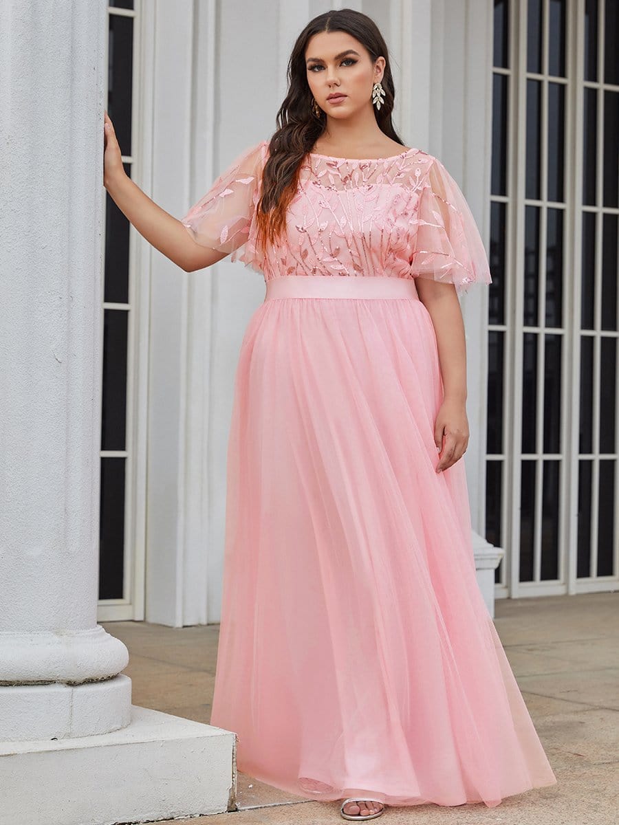 Women's A-Line Short Sleeve Embroidery Floor Length Wedding Guest Dresses #color_Pink