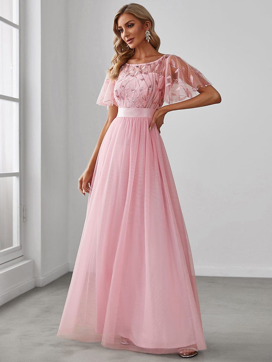 Women's A-Line Short Sleeve Embroidery Floor Length Wedding Guest Dresses #color_Pink