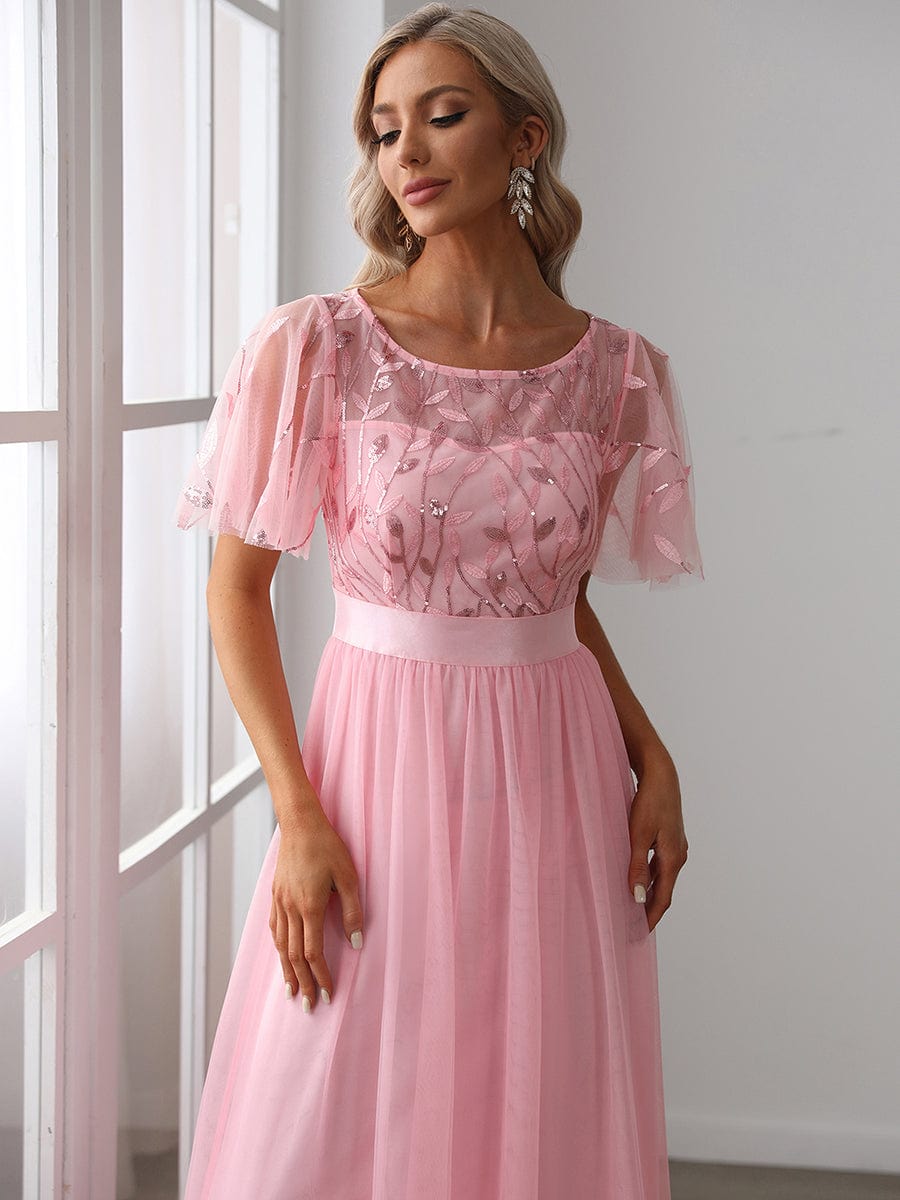 Women's A-Line Short Sleeve Embroidery Floor Length Wedding Guest Dresses #color_Pink