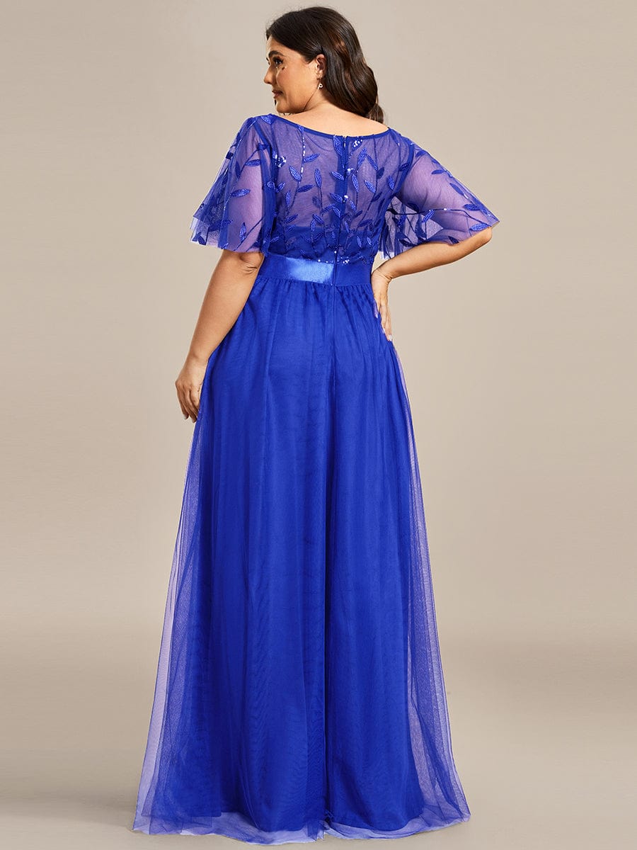 Women's A-Line Short Sleeve Embroidery Floor Length Wedding Guest Dresses #color_Sapphire Blue