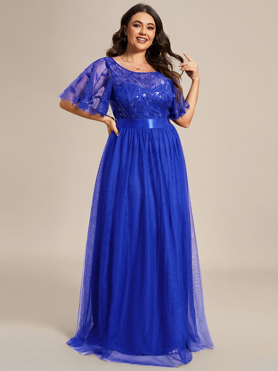 Women's A-Line Short Sleeve Embroidery Floor Length Wedding Guest Dresses #color_Sapphire Blue