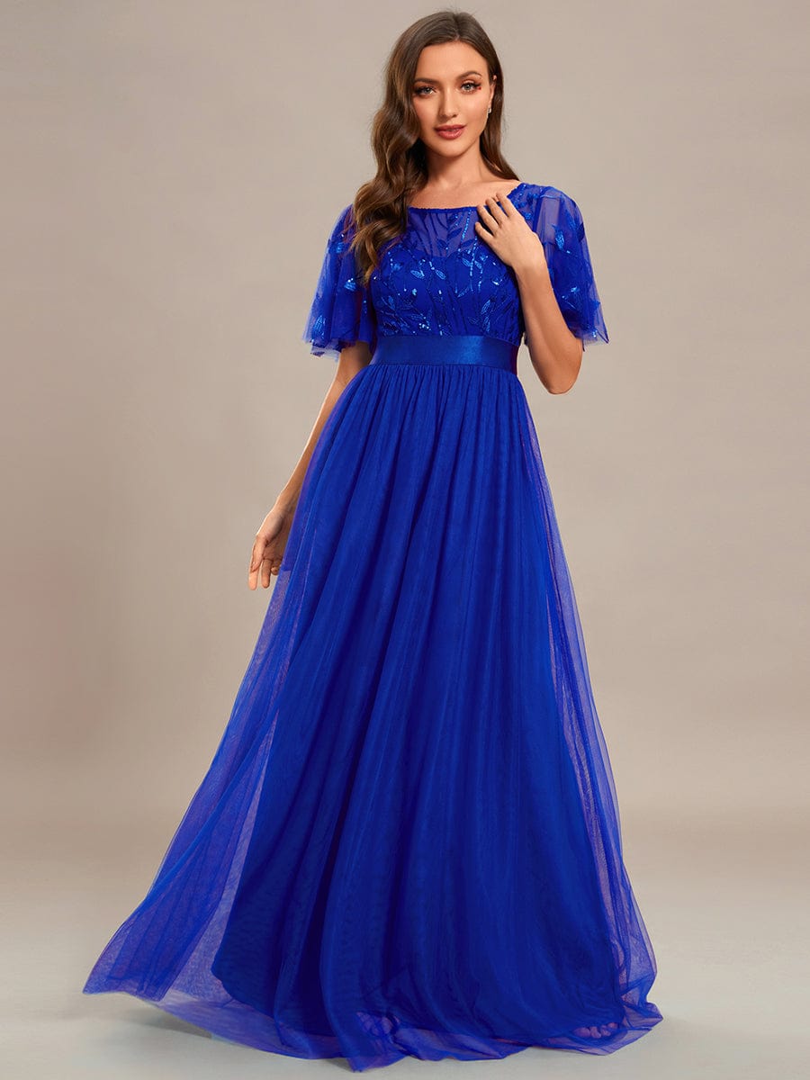 Women's A-Line Short Sleeve Embroidery Floor Length Wedding Guest Dresses #color_Sapphire Blue