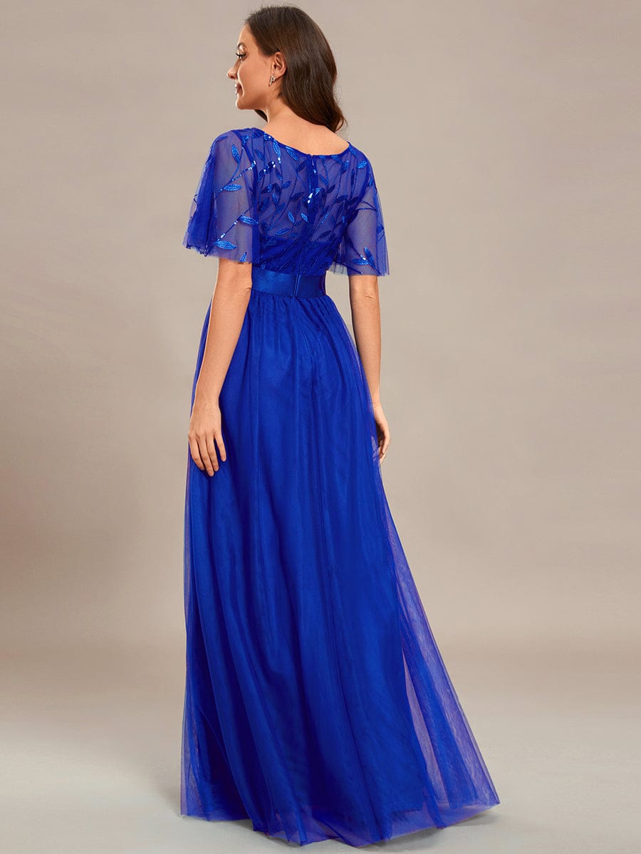 Women's A-Line Short Sleeve Embroidery Floor Length Wedding Guest Dresses #color_Sapphire Blue