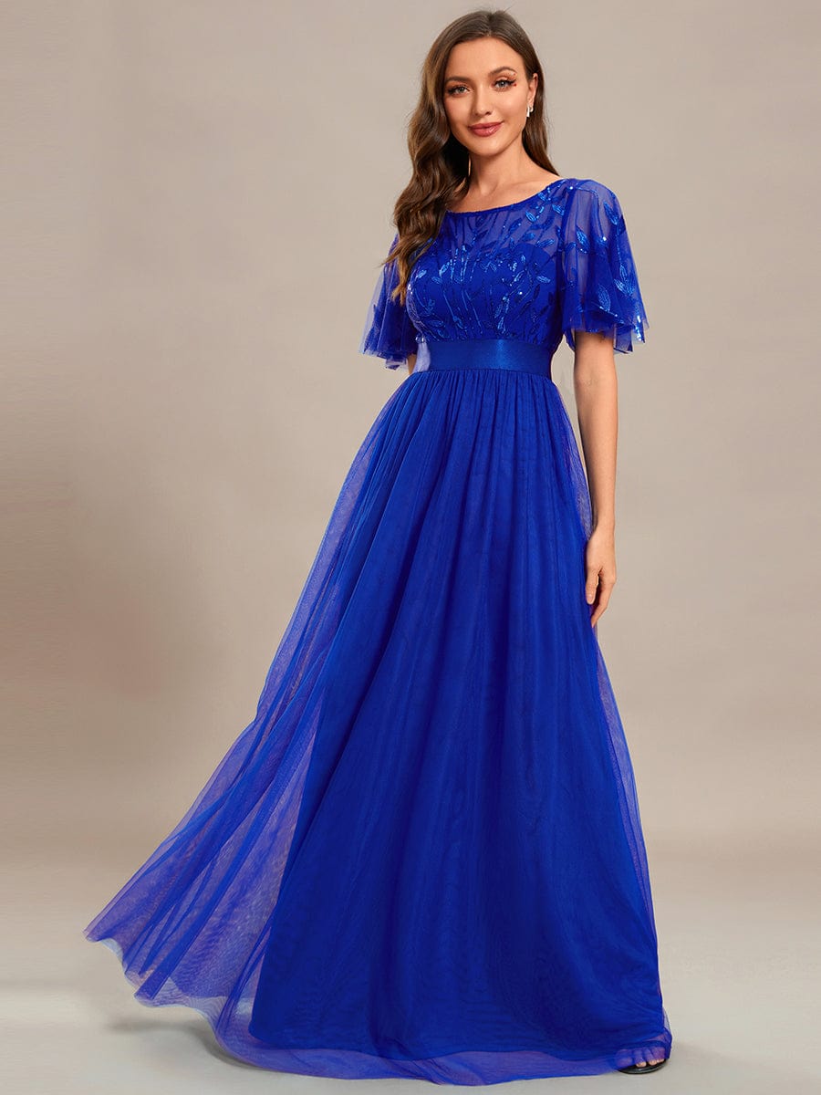 Women's A-Line Short Sleeve Embroidery Floor Length Wedding Guest Dresses #color_Sapphire Blue