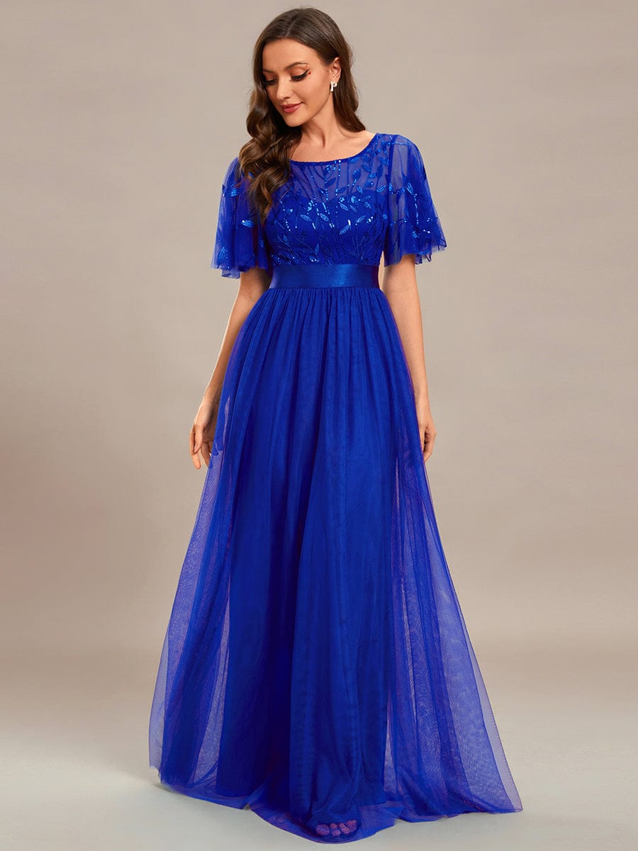 Women's A-Line Short Sleeve Embroidery Floor Length Wedding Guest Dresses #color_Sapphire Blue