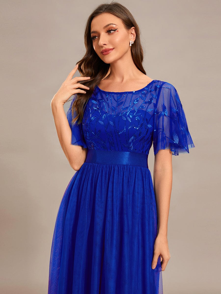 Women's A-Line Short Sleeve Embroidery Floor Length Wedding Guest Dresses #color_Sapphire Blue