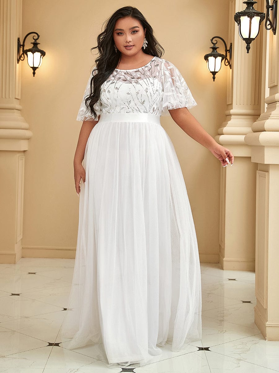 Women's A-Line Short Sleeve Embroidery Floor Length Wedding Guest Dresses #color_White