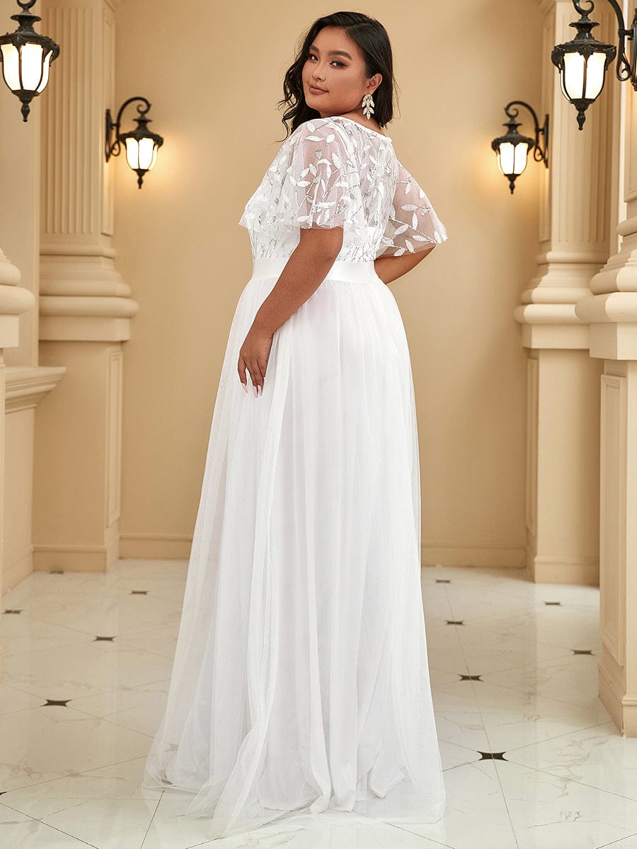 Women's A-Line Short Sleeve Embroidery Floor Length Wedding Guest Dresses #color_White