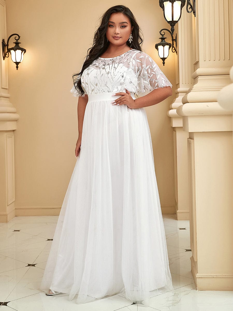 Women's A-Line Short Sleeve Embroidery Floor Length Wedding Guest Dresses #color_White