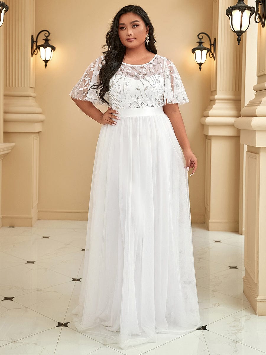 Women's A-Line Short Sleeve Embroidery Floor Length Wedding Guest Dresses #color_White