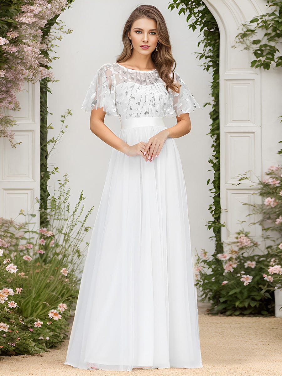 Women's A-Line Short Sleeve Embroidery Floor Length Wedding Guest Dresses #color_White