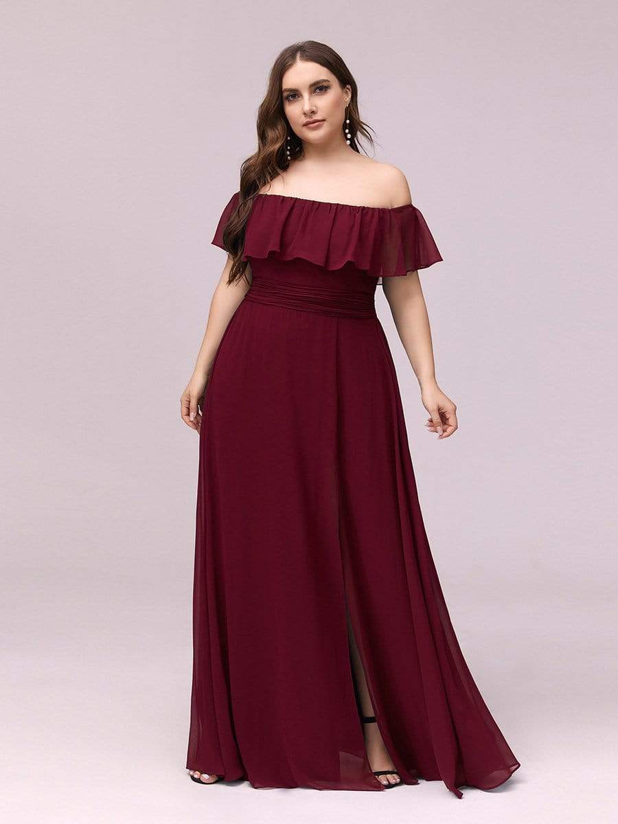 Women's Off-The-Shoulder Ruffle Thigh Split Bridesmaid Dresses #color_Burgundy