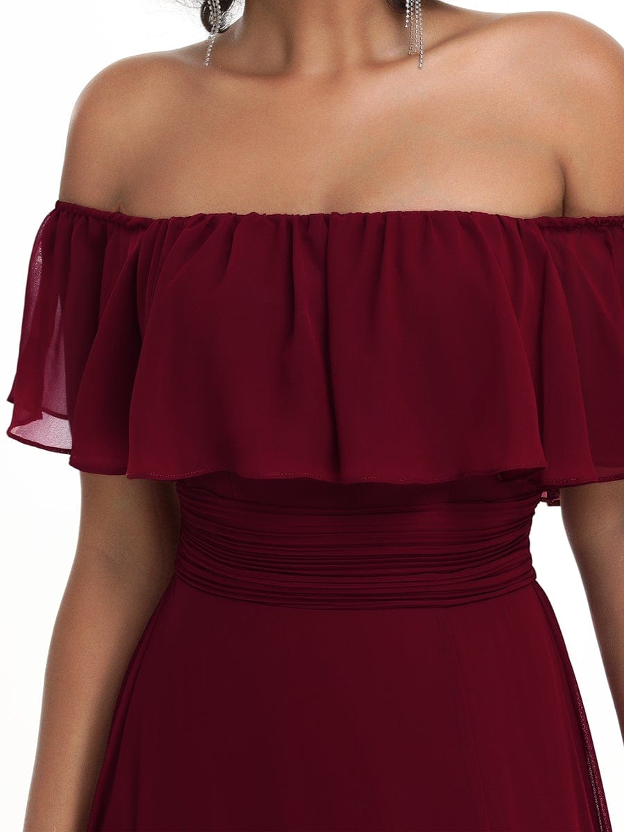 Women's Off-The-Shoulder Ruffle Thigh Split Bridesmaid Dresses #color_Burgundy