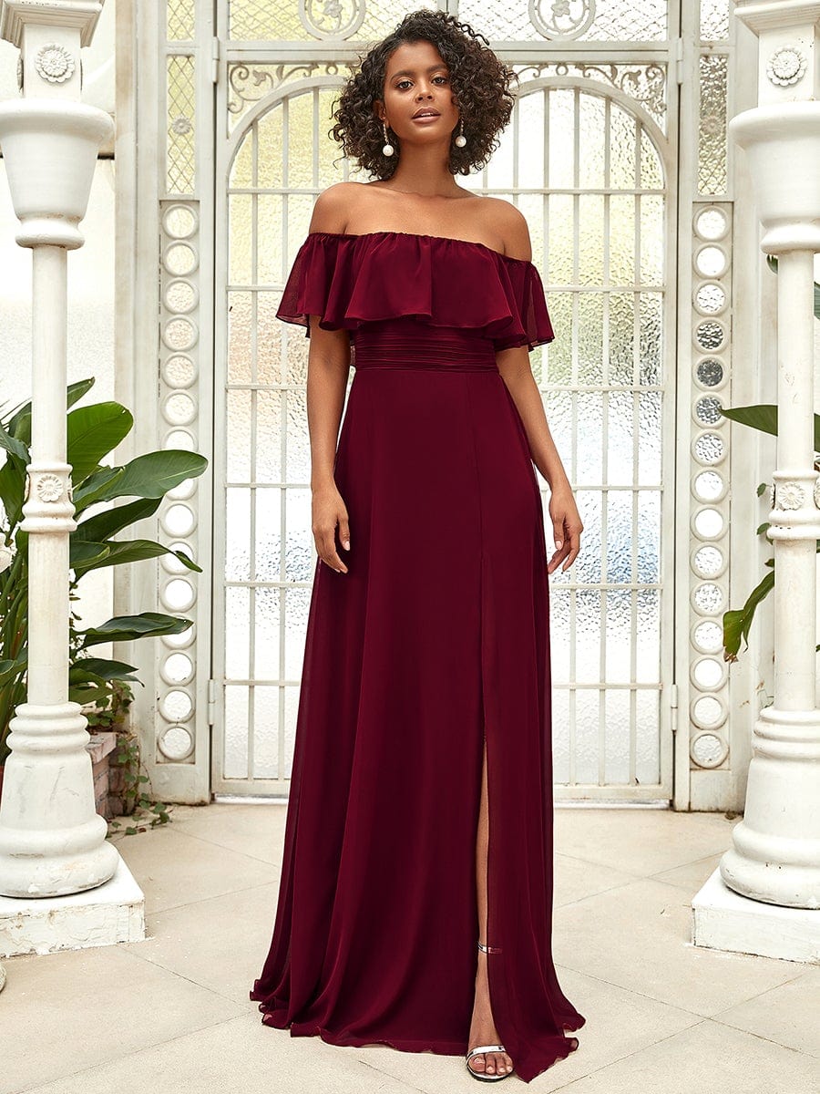 Women's Off-The-Shoulder Ruffle Thigh Split Bridesmaid Dresses #color_Burgundy