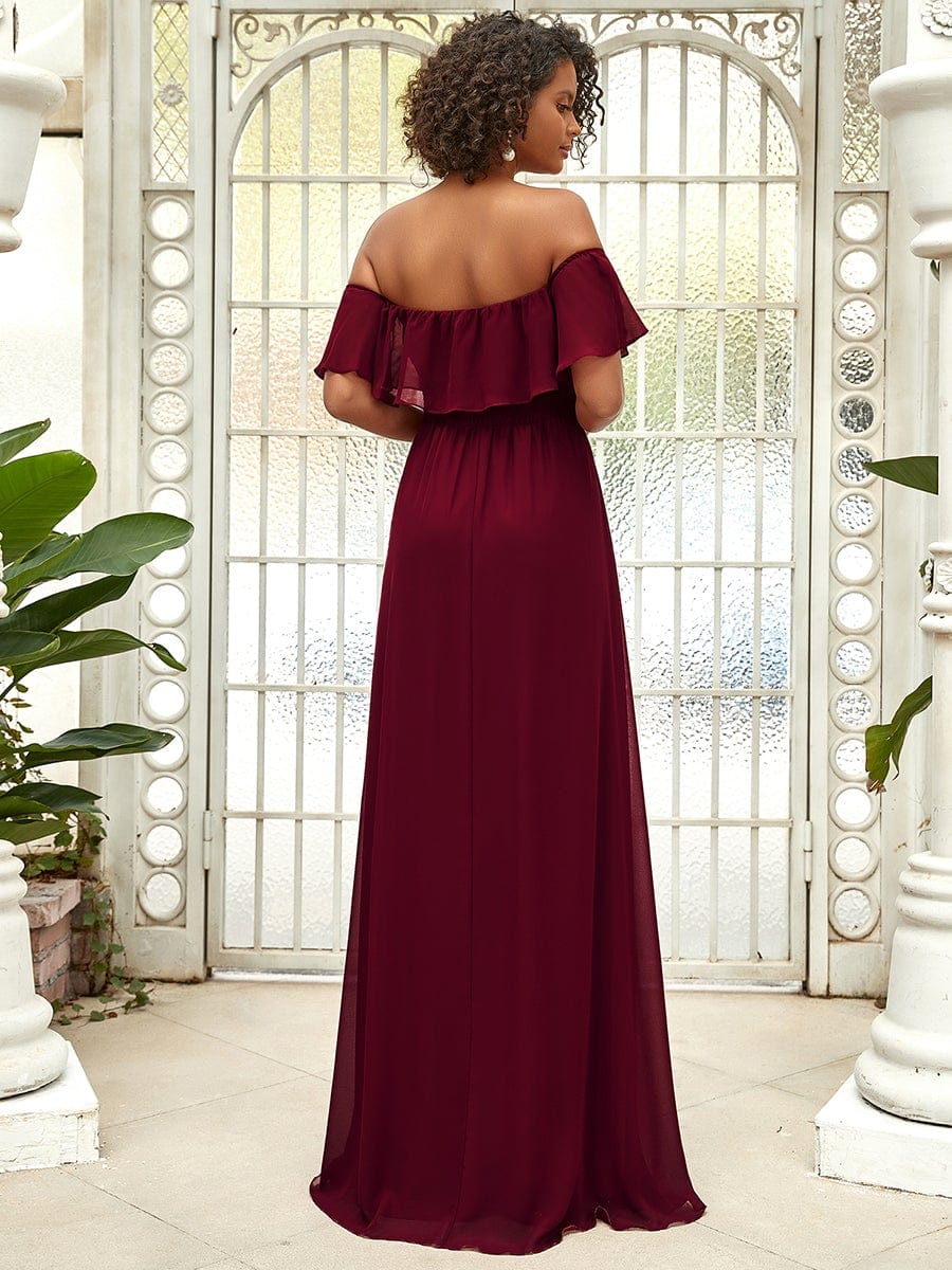 Women's Off-The-Shoulder Ruffle Thigh Split Bridesmaid Dresses #color_Burgundy