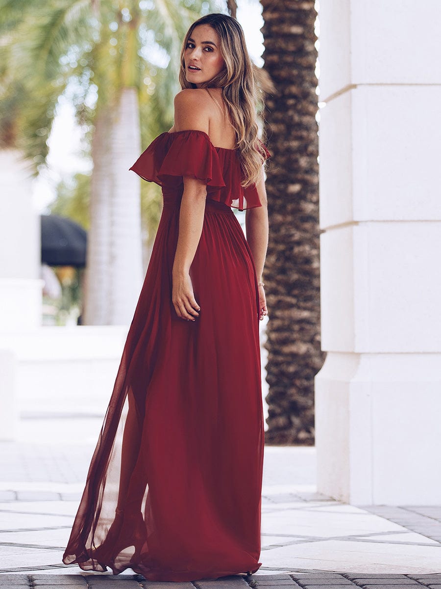 Women's Off-The-Shoulder Ruffle Thigh Split Bridesmaid Dresses #color_Burgundy