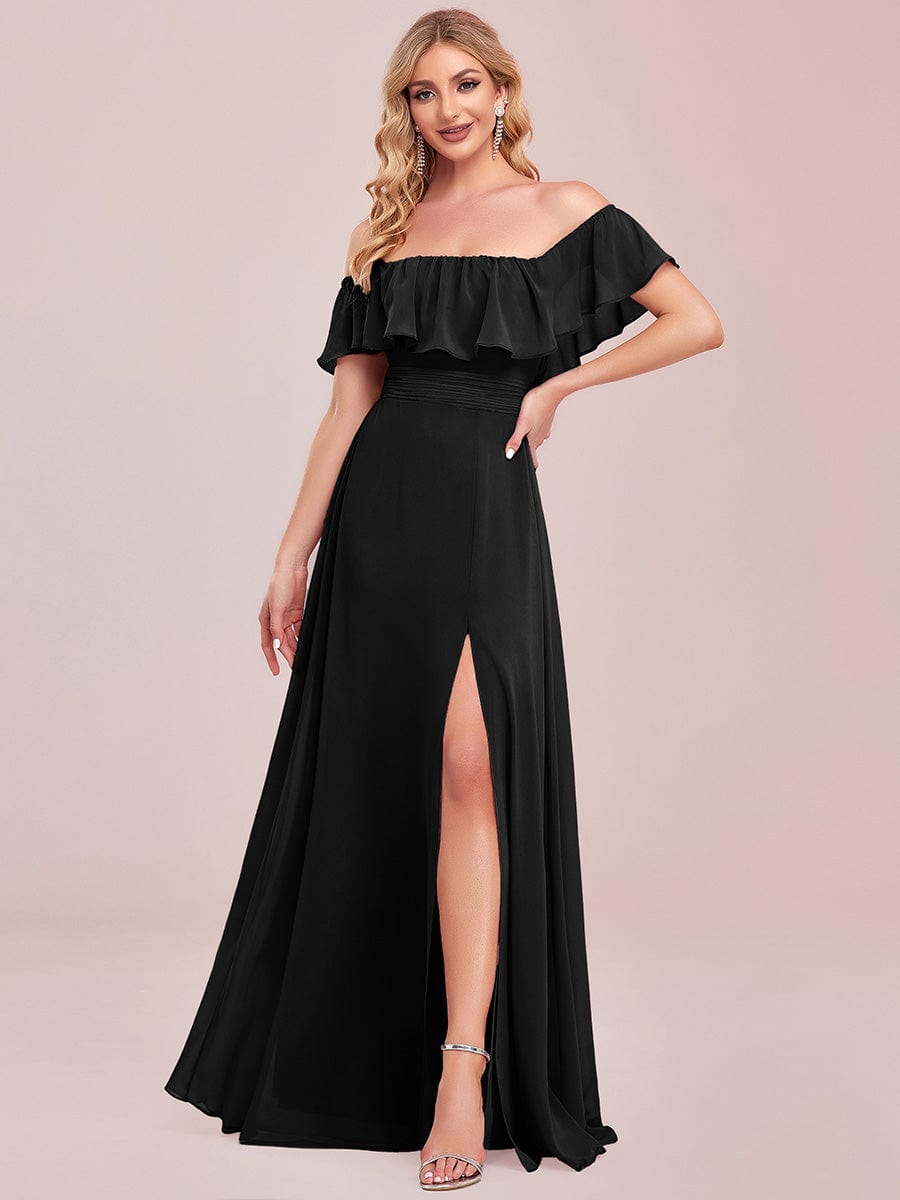 Women's Off-The-Shoulder Ruffle Thigh Split Dresses in Black #color_Black