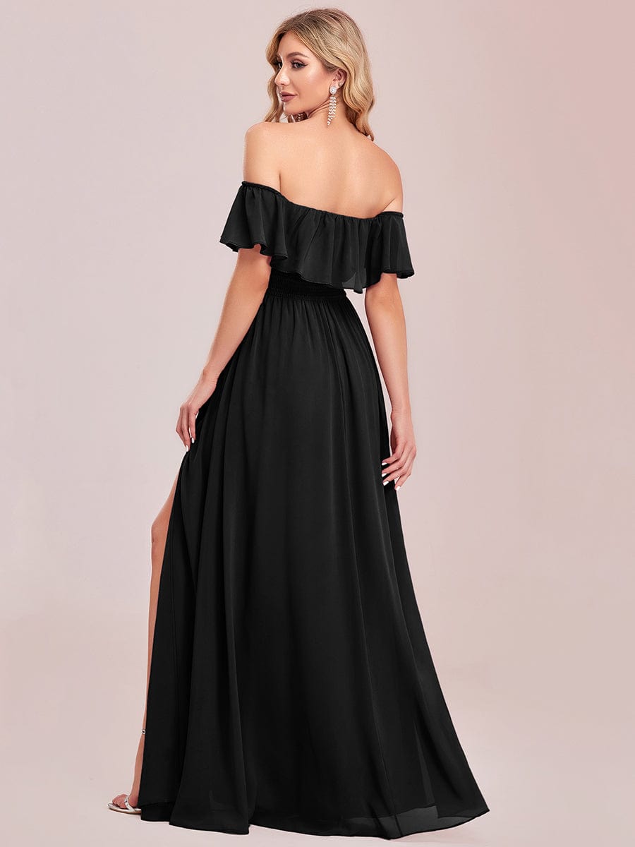 Women's Off-The-Shoulder Ruffle Thigh Split Bridesmaid Dresses #color_Black