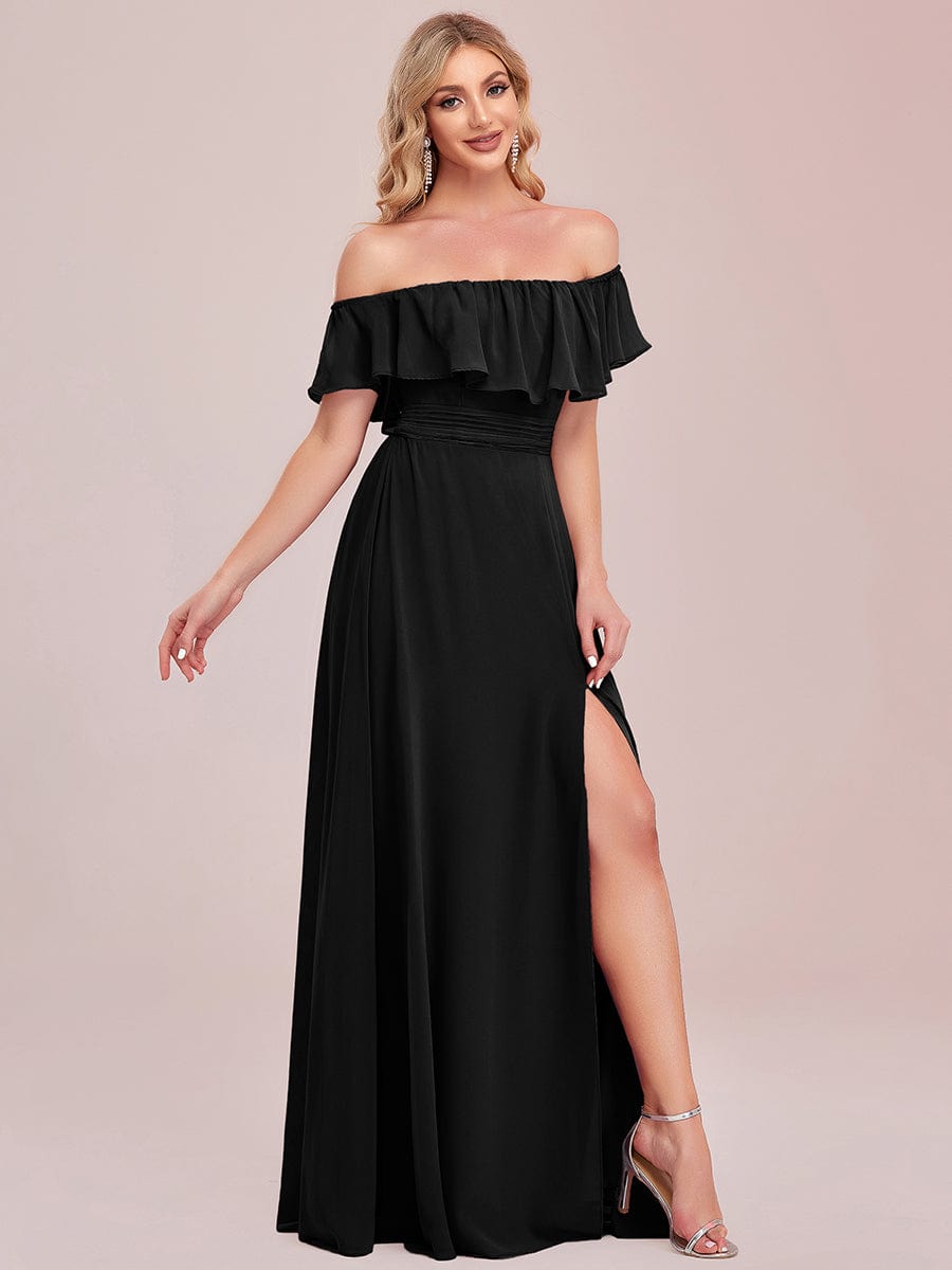Women's Off-The-Shoulder Ruffle Thigh Split Bridesmaid Dresses #color_Black