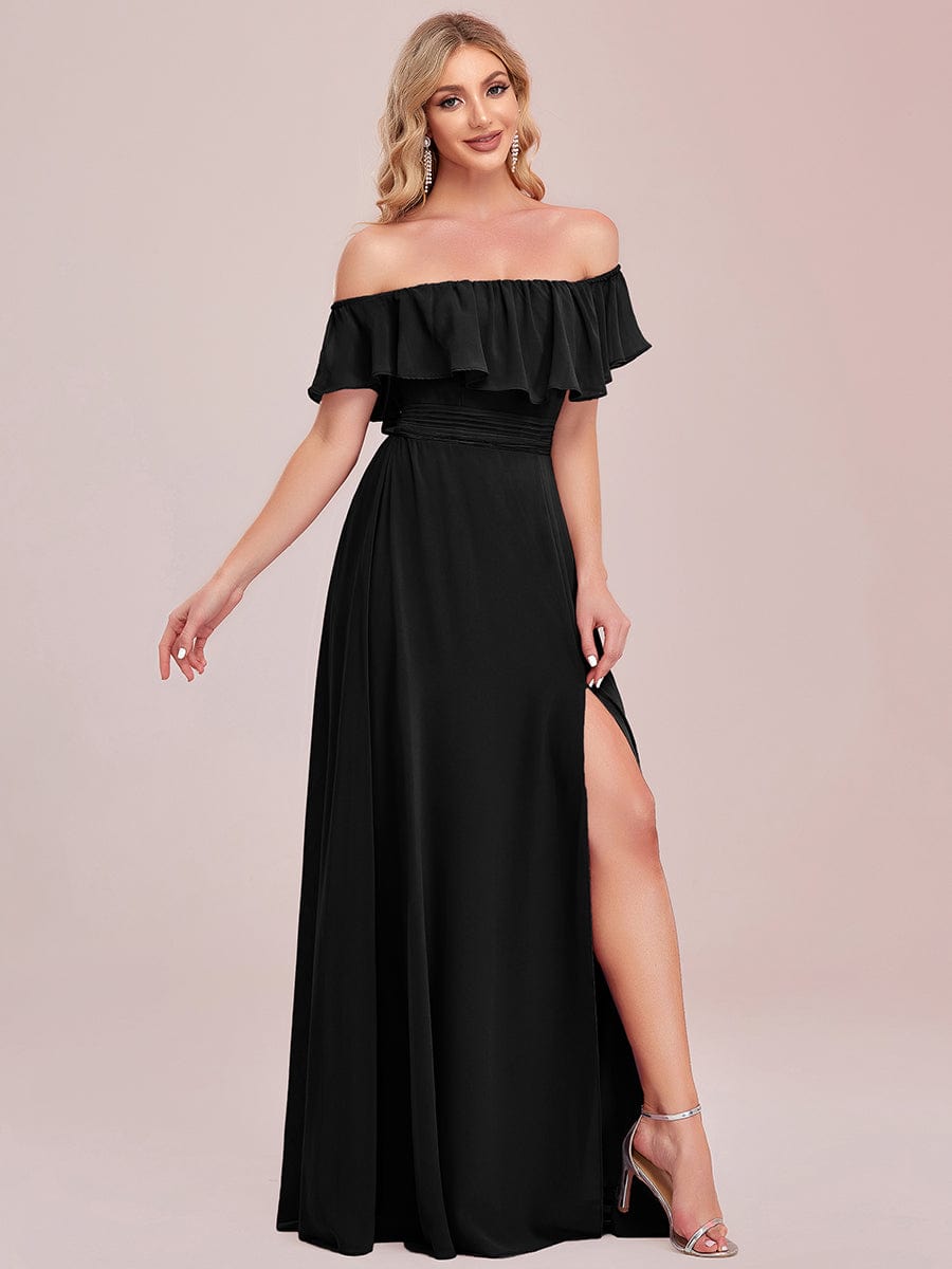 Women's Off-The-Shoulder Ruffle Thigh Split Dresses in Black #color_Black