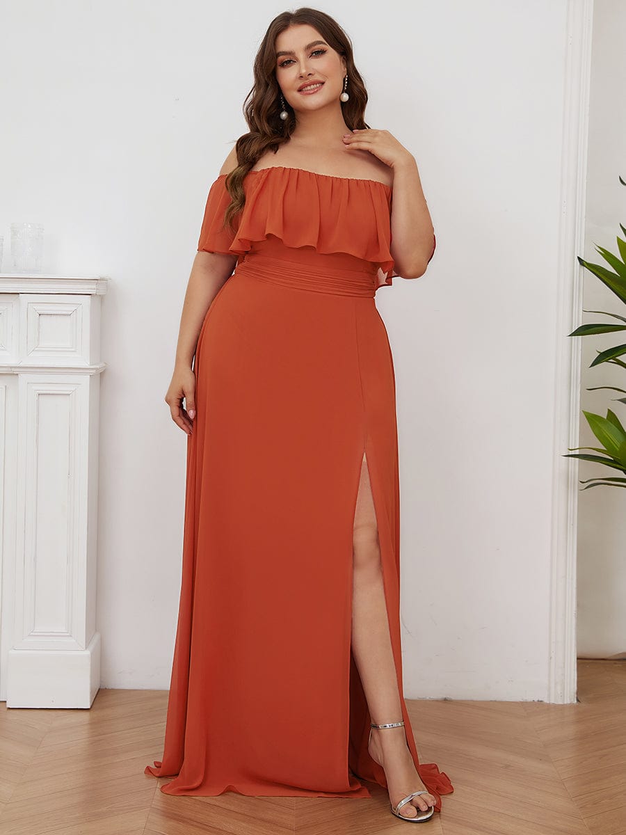 Women's Off-The-Shoulder Ruffle Thigh Split Bridesmaid Dresses #color_Burnt Orange