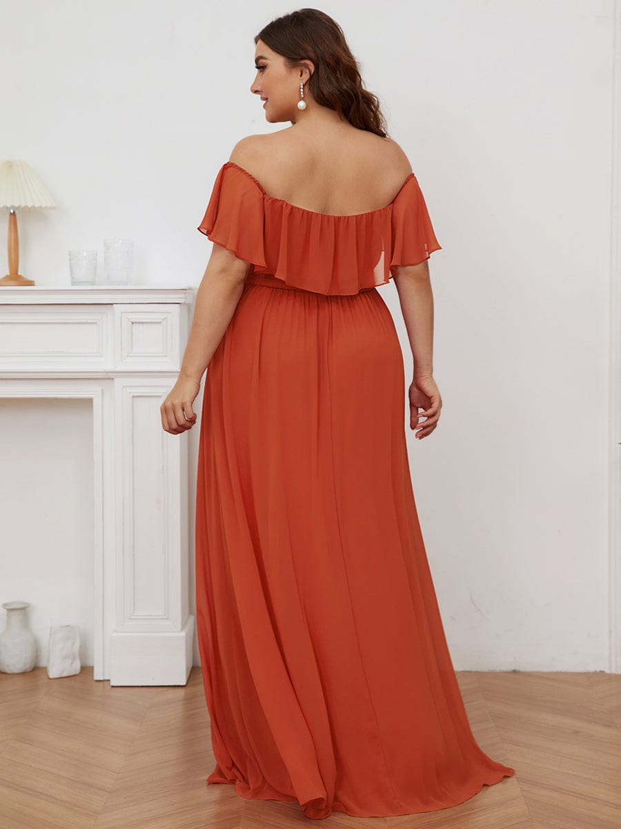 Women's Off-The-Shoulder Ruffle Thigh Split Bridesmaid Dresses #color_Burnt Orange