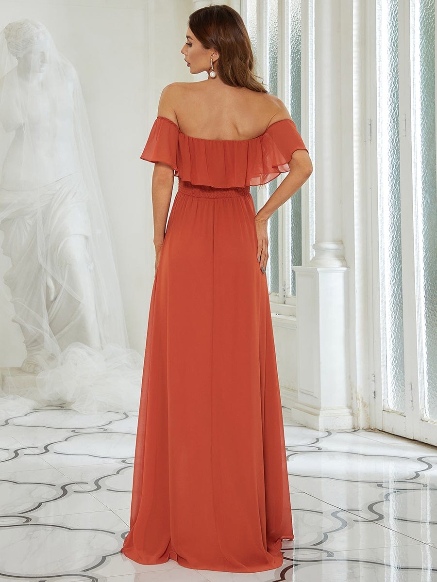 Women's Off-The-Shoulder Ruffle Thigh Split Bridesmaid Dresses #color_Burnt Orange