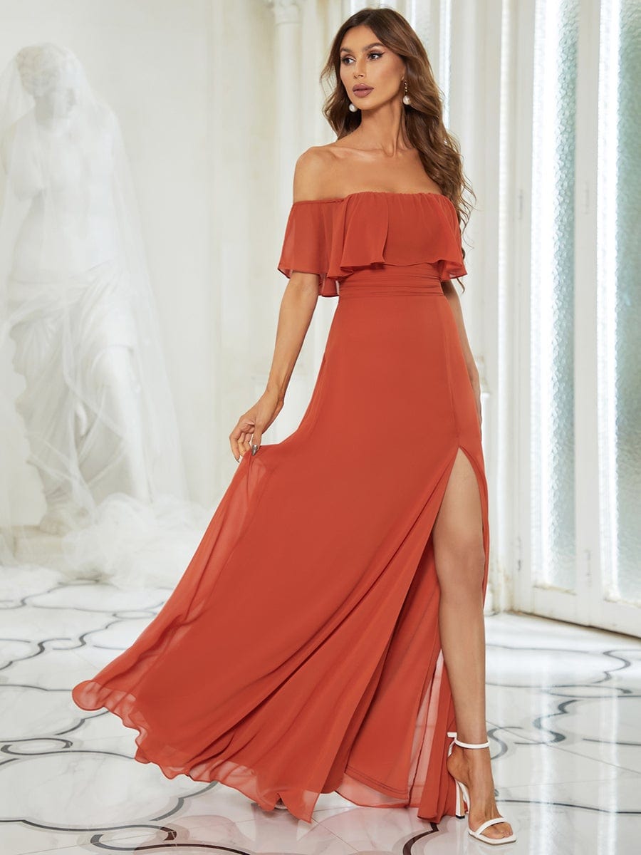 Women's Off-The-Shoulder Ruffle Thigh Split Bridesmaid Dresses #color_Burnt Orange