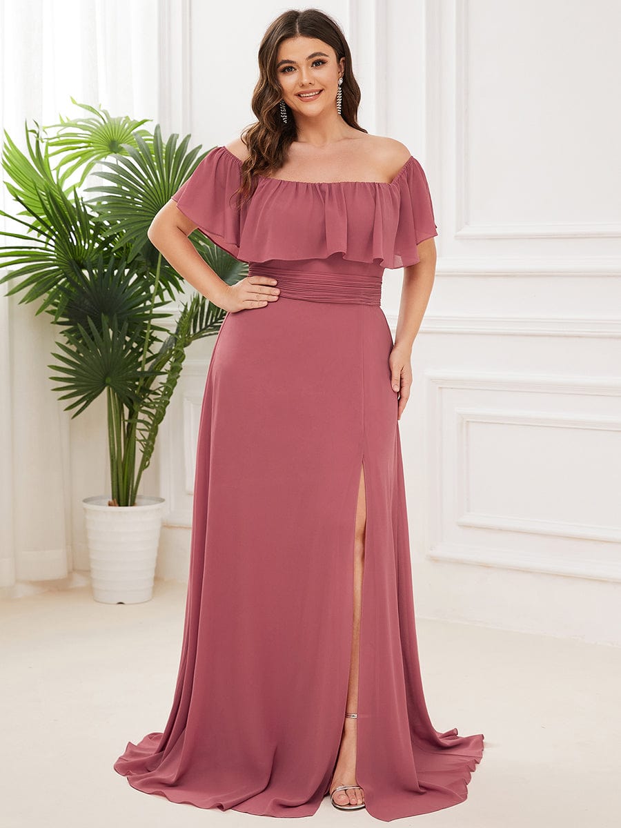 Women's Off-The-Shoulder Ruffle Thigh Split Bridesmaid Dresses #color_Cameo Brown