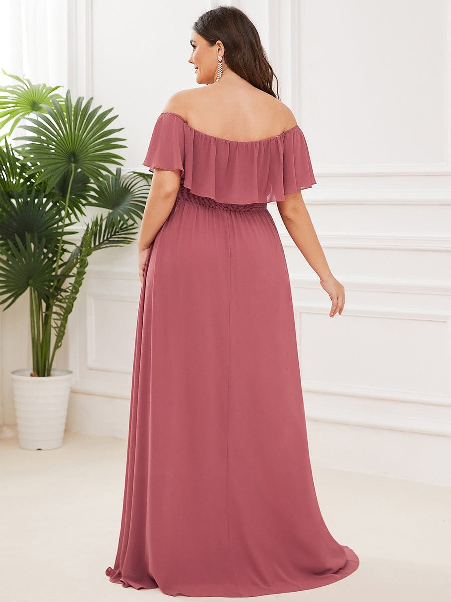 Women's Off-The-Shoulder Ruffle Thigh Split Plus Size Bridesmaid Dress #color_Cameo Brown