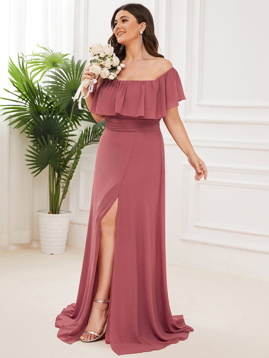 Women's Off-The-Shoulder Ruffle Thigh Split Plus Size Bridesmaid Dress #color_Cameo Brown