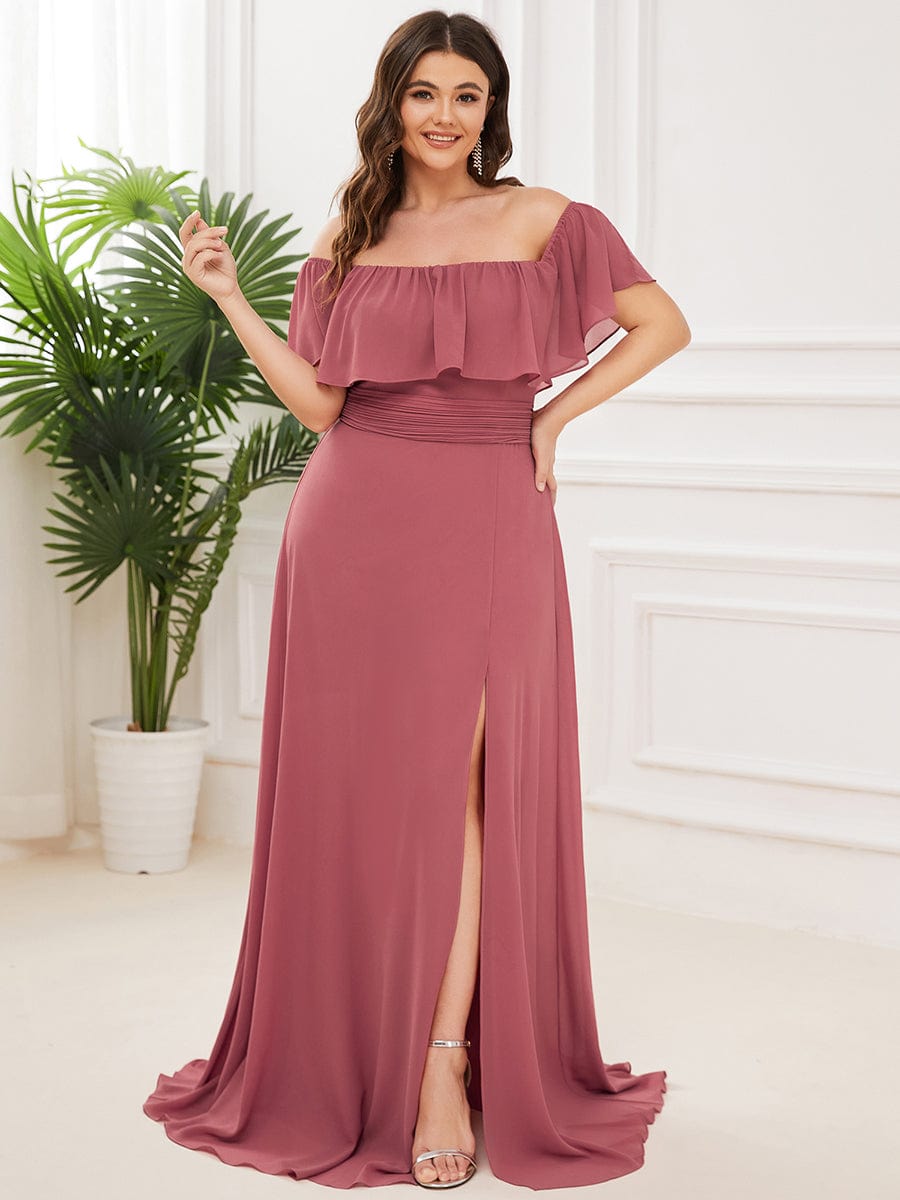 Women's Off-The-Shoulder Ruffle Thigh Split Plus Size Bridesmaid Dress #color_Cameo Brown