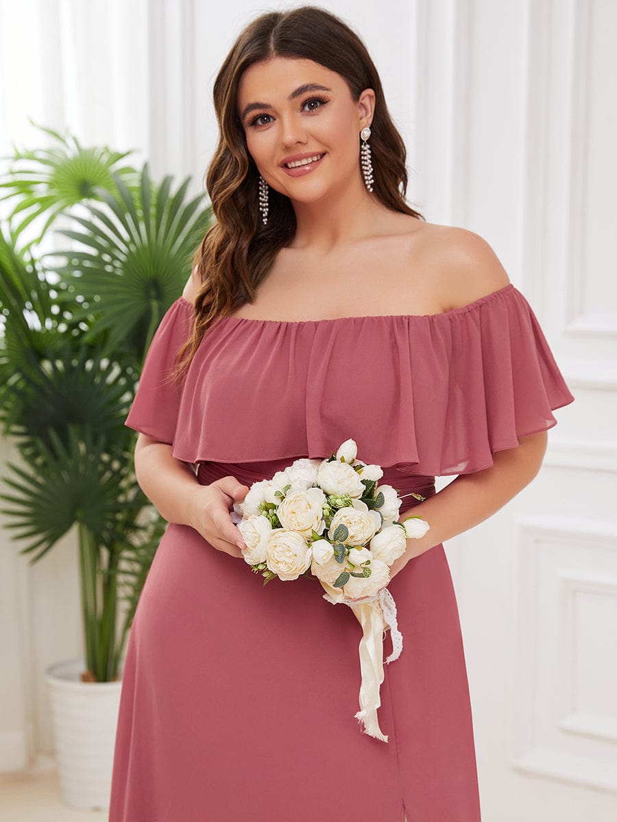 Women's Off-The-Shoulder Ruffle Thigh Split Bridesmaid Dresses #color_Cameo Brown