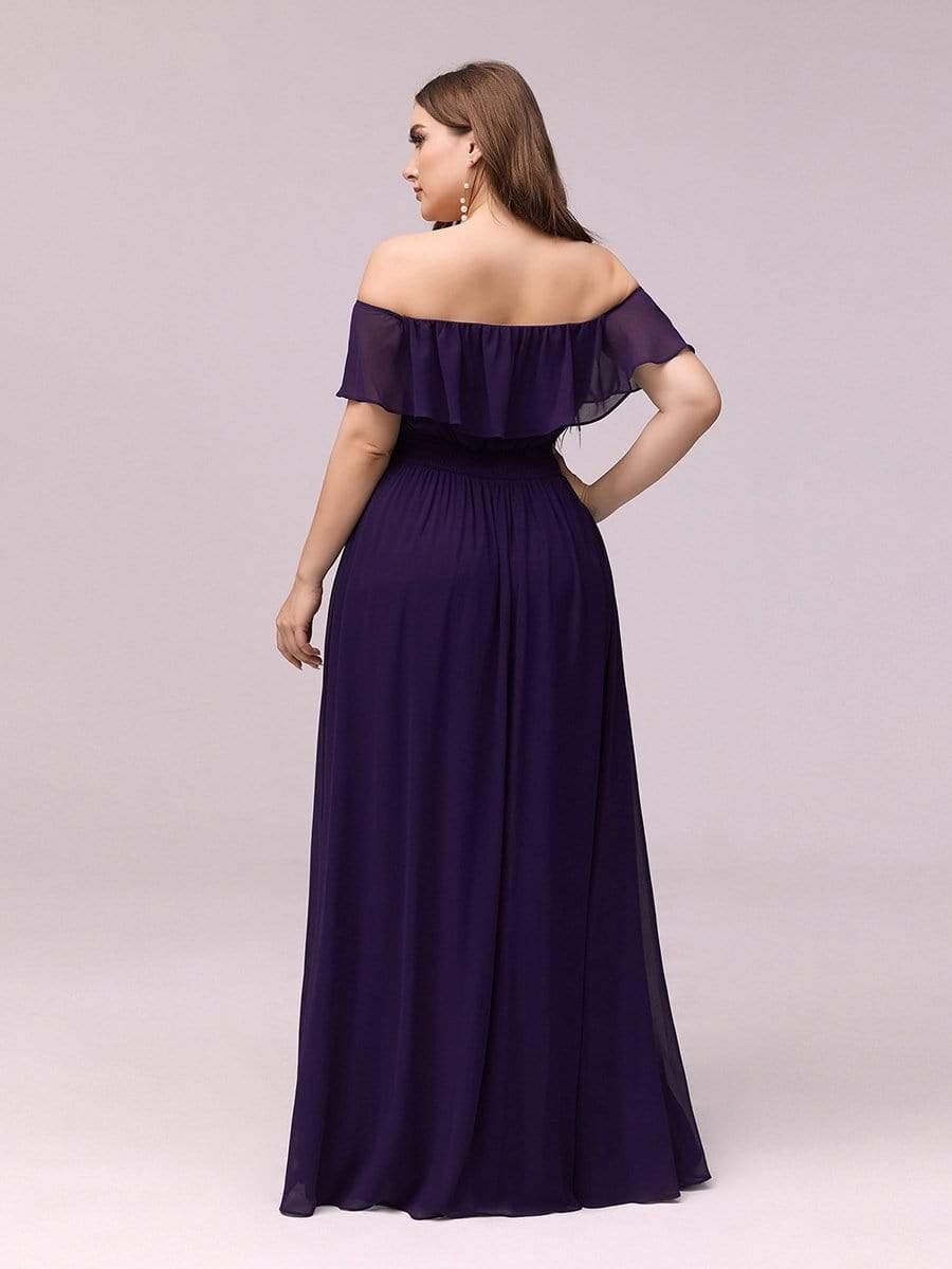 Women's Off-The-Shoulder Ruffle Thigh Split Bridesmaid Dresses #color_Dark Purple