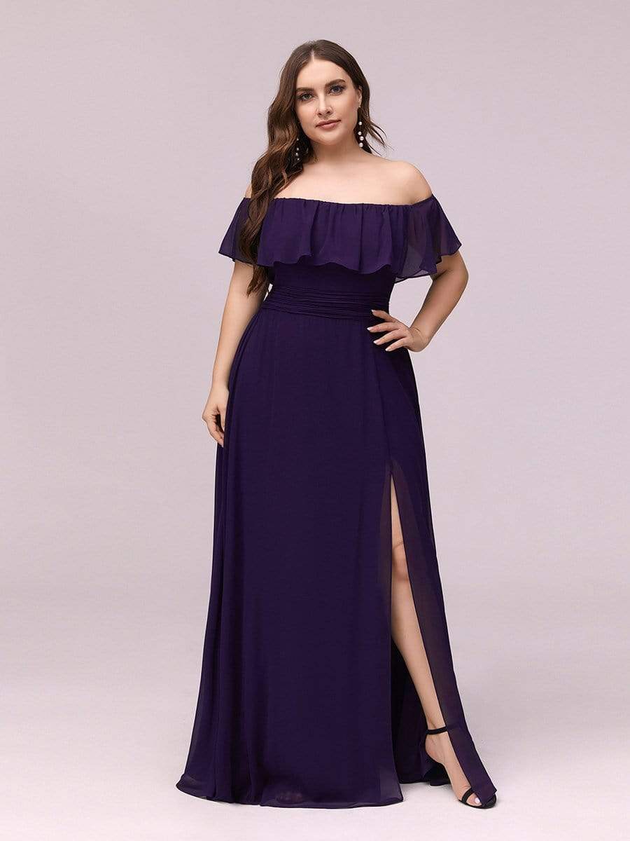 Women's Off-The-Shoulder Ruffle Thigh Split Bridesmaid Dresses #color_Dark Purple