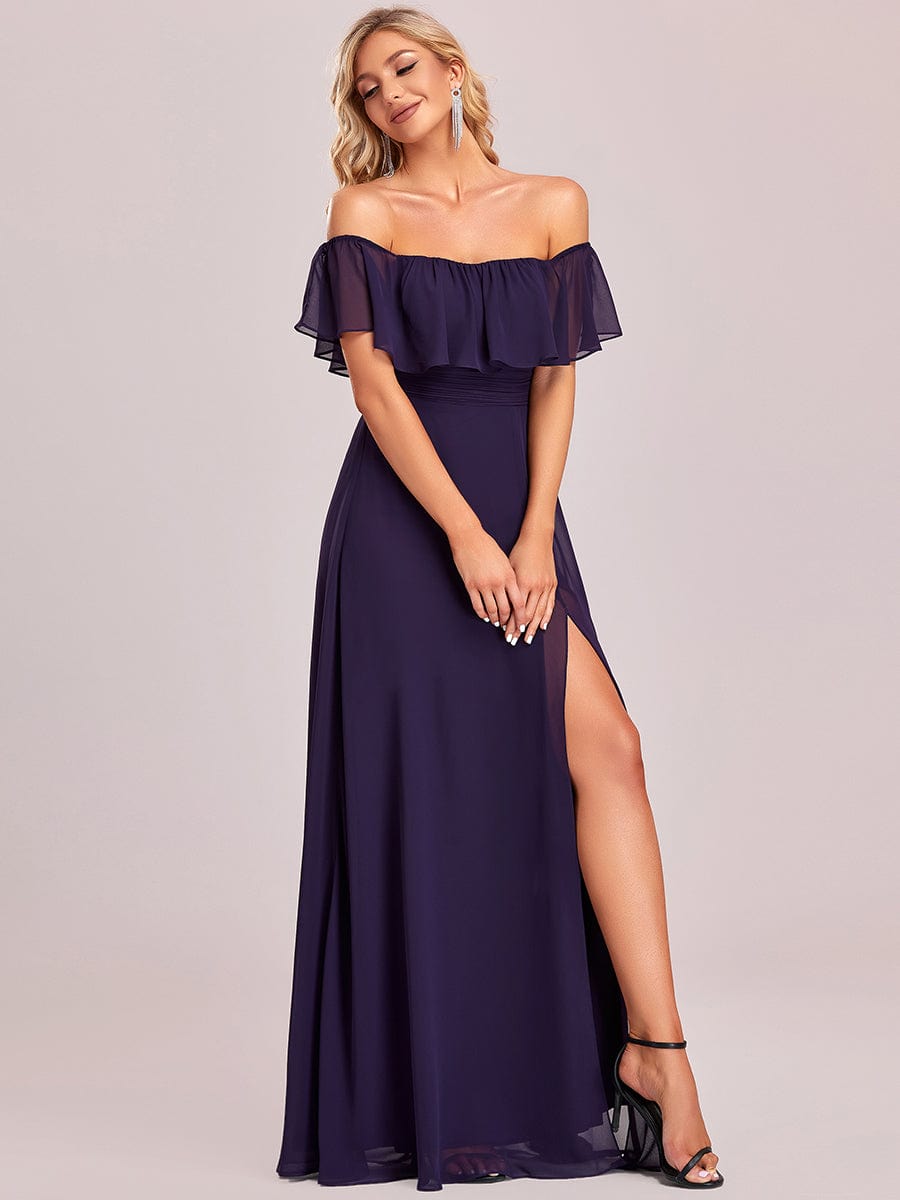 Women's Off-The-Shoulder Ruffle Thigh Split Bridesmaid Dresses #color_Dark Purple