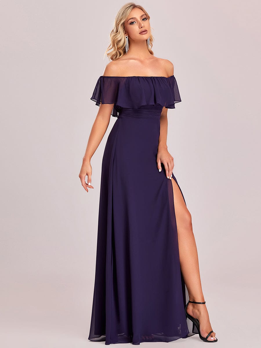 Women's Off-The-Shoulder Ruffle Thigh Split Bridesmaid Dresses #color_Dark Purple