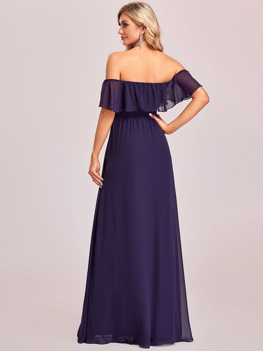 Women's Off-The-Shoulder Ruffle Thigh Split Bridesmaid Dresses #color_Dark Purple