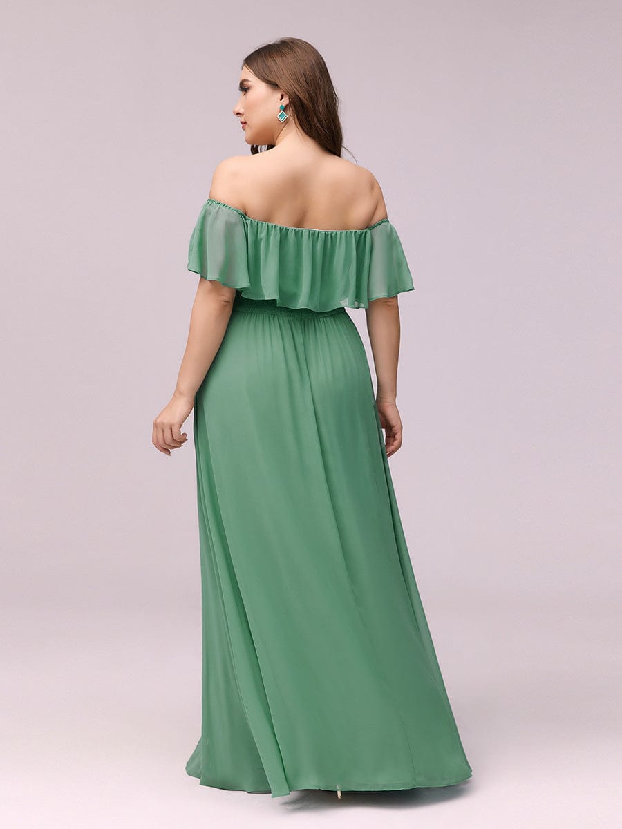 Women's Off-The-Shoulder Ruffle Thigh Split Bridesmaid Dresses #color_Green Bean