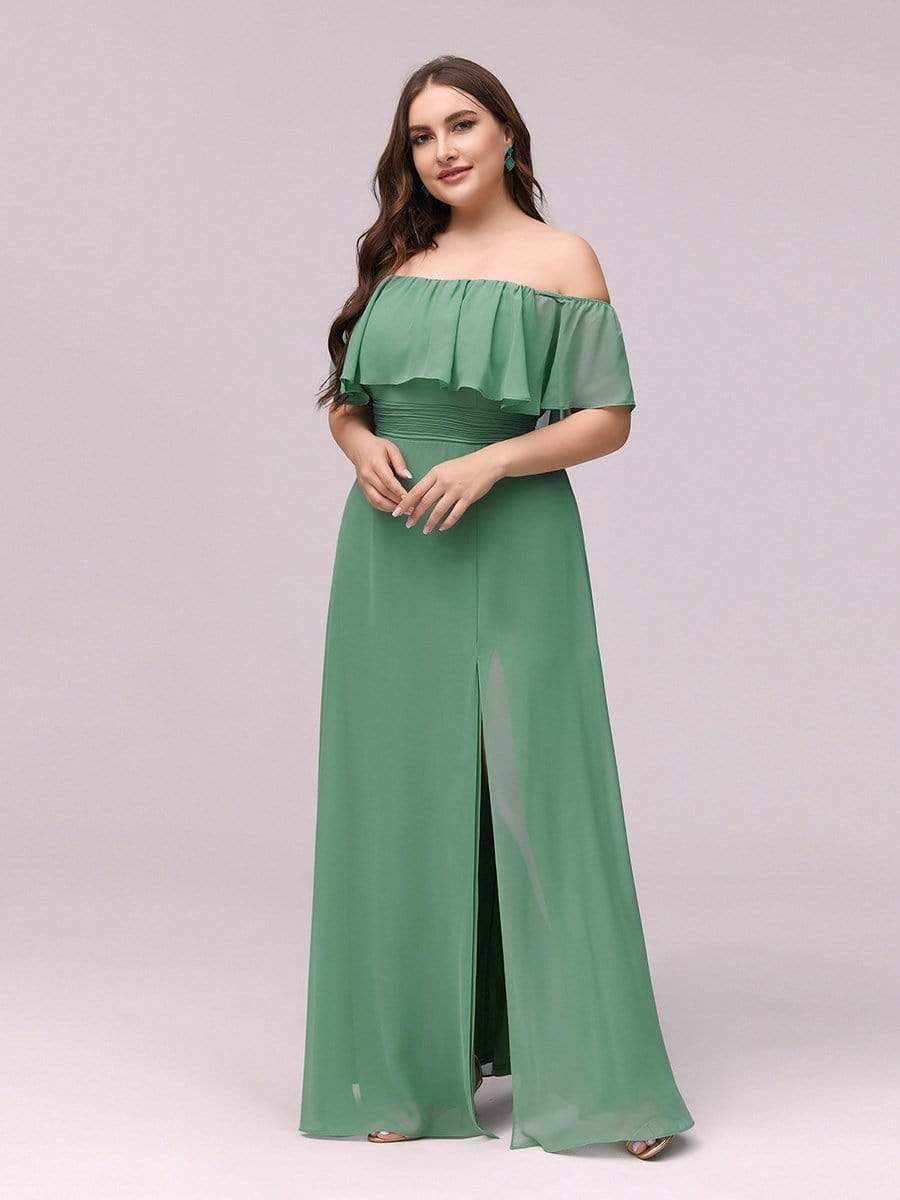 Women's Off-The-Shoulder Ruffle Thigh Split Bridesmaid Dresses #color_Green Bean