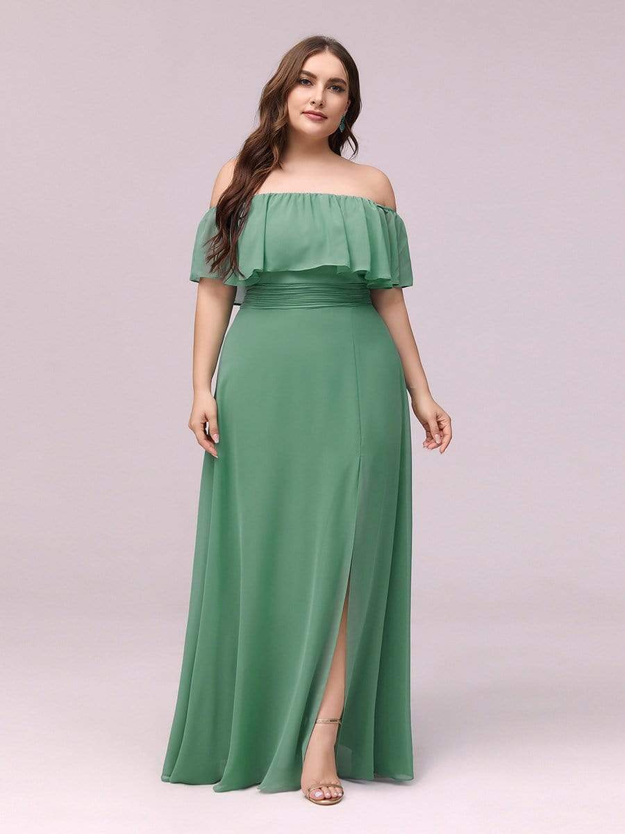 Women's Off-The-Shoulder Ruffle Thigh Split Bridesmaid Dresses #color_Green Bean