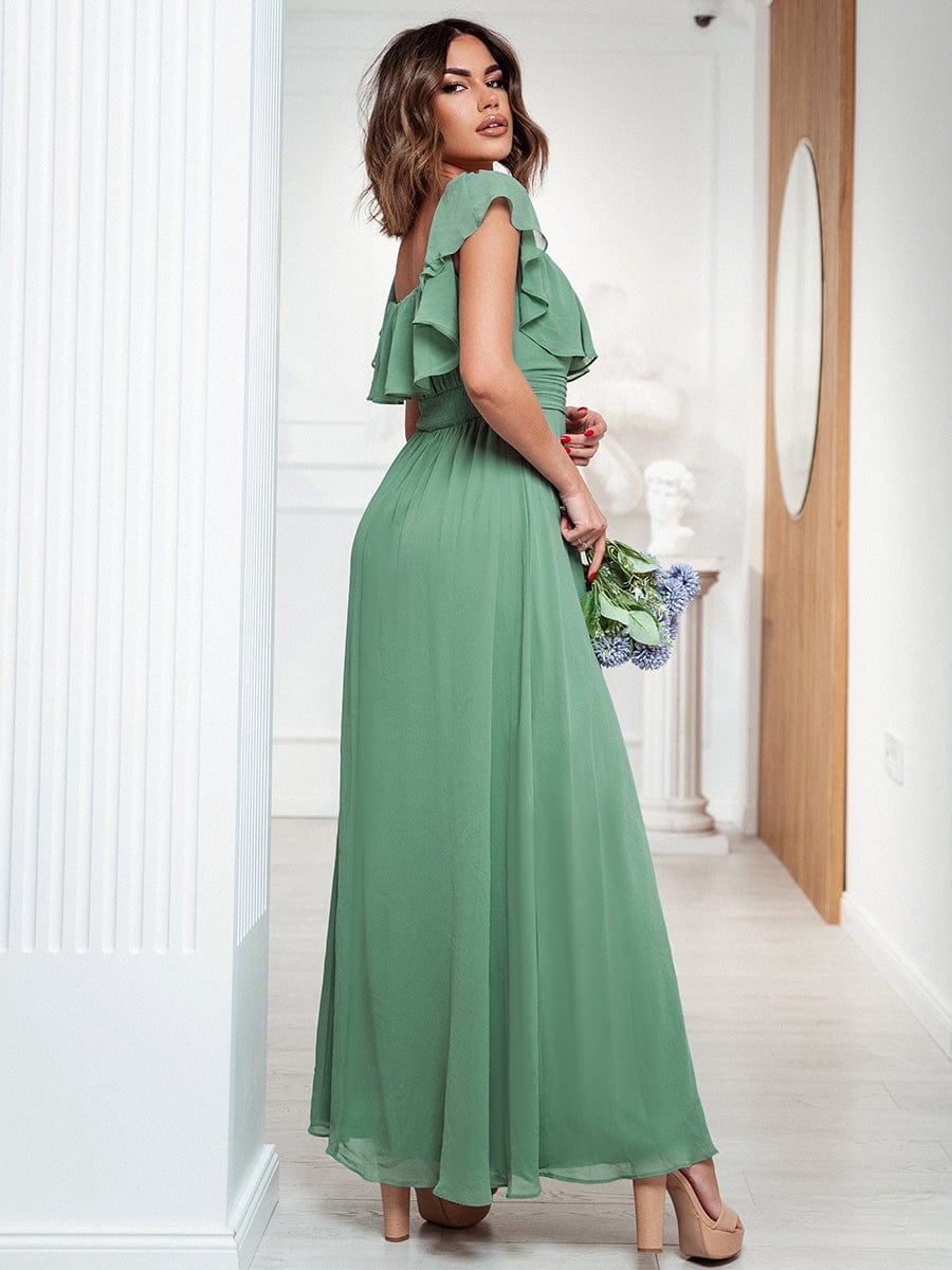 Women's Off-The-Shoulder Ruffle Thigh Split Bridesmaid Dresses #color_Green Bean