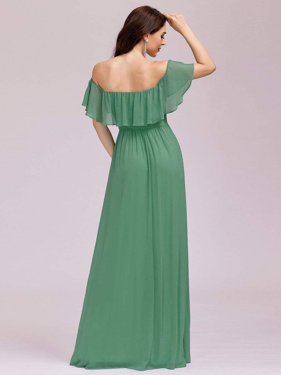 Women's Off-The-Shoulder Ruffle Thigh Split Bridesmaid Dresses #color_Green Bean